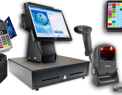 Complete retail POS hardware setup including touchscreen monitors, barcode scanners, receipt printers, cash drawers, and mobile POS solutions.